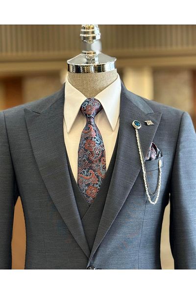 TerziAdemAltun Navy Blue Italian Style Jacket Vest Trousers Suit - T12846