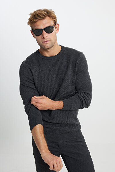 ALTINYILDIZ CLASSICS Erkek Antrasit-Melanj Pamuklu Standart Fit Normal Kesim Bisiklet Yaka Desenli Triko Kazak