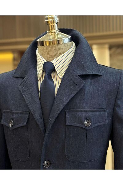 TerziAdemAltun Navy Blue Slim Fit Safari Jacket and Trousers Set - T11961