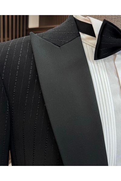 TerziAdemAltun Black Slim Fit Italian Style Jacket and Vest Set - Groom Suit T11632
