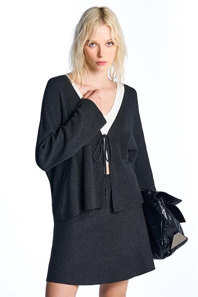 SHERIN Anthracite Front Lace-Up Knitwear Cardigan