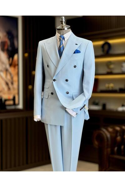 TerziAdemAltun Set de jachetă și pantaloni în stil italian albastru S slim fit K cu două rânduri de nasturi - T12605