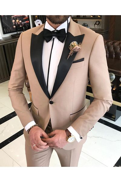 TerziAdemAltun Camel Color Italian Cut Slim Fit Jacket and Pants Set - Pointed Collar T9186