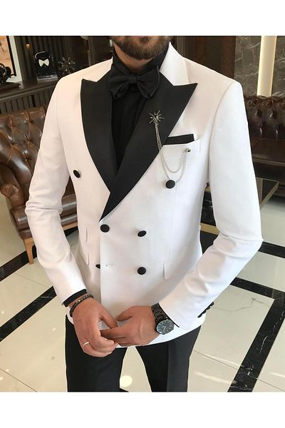 TerziAdemAltun Italian cut slim fit double breasted jacket pants groom suit set white T9212