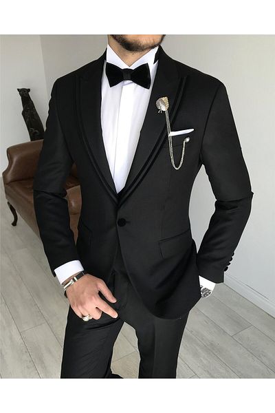 TerziAdemAltun Italian Cut Jacket Vest Pants Groom Suit Set Black T7878