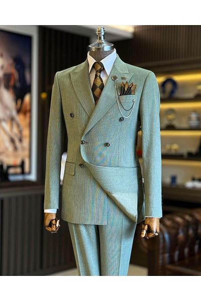 TerziAdemAltun Green Slim Fit Italian Style Men's Double Breasted Jacket and Pants Set - T12697