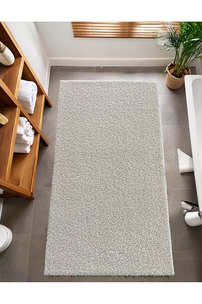 Prizma 2-Piece Non-Slip and Washable Curly Bath Rug and Mat - Cream (60X100) (50X60)Cm