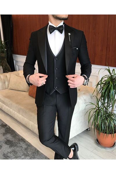 TerziAdemAltun Italian Cut Men's Jacket Vest Pants Groom Suit Set Black T7062