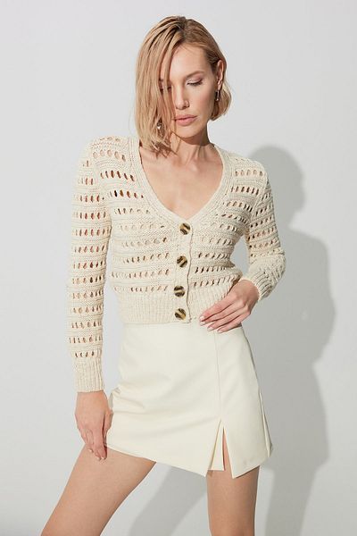 SHERIN Ecru V-Neck Openwork Cardigan