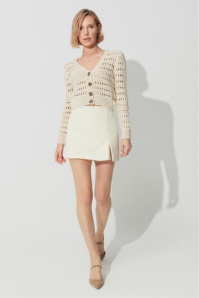 SHERIN Ecru V-Neck Openwork Cardigan