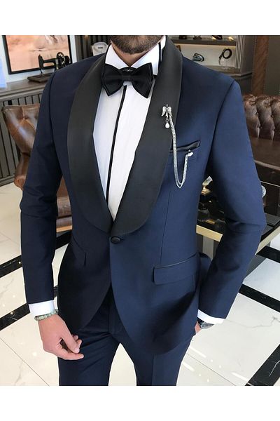 TerziAdemAltun Italian Cut Slim Fit Shawl Collar Jacket Pants Groom Suit Set Navy Blue T9183