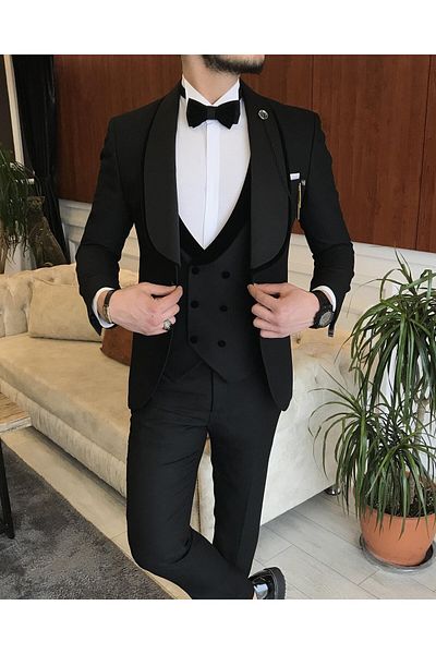 TerziAdemAltun Italian Cut Jacket Vest Pants Groom Suit Set Black T7165