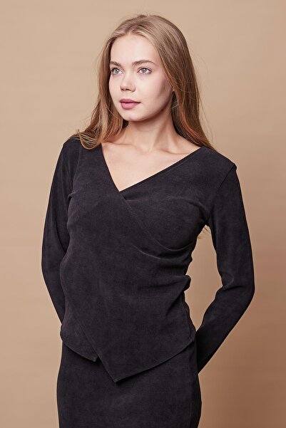 Jument Women's Ribbed Stretchy Winter Velvet Fabric Double Breasted Long Sleeve Blouse (Skirt Jument 105004 )-Black