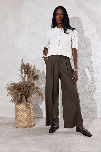 5in1Canpolat Wide Leg Trousers 16535 - Bitter Brown Pleat Detailed