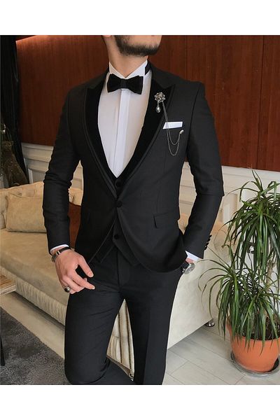 TerziAdemAltun Italian Cut Jacket Vest Pants Groom Suit Set Black T7164