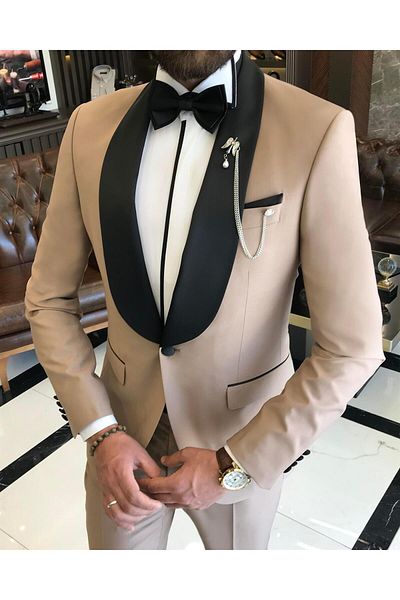 TerziAdemAltun Italian Cut Slim Fit Shawl Collar Jacket Trousers Groom Suit Set Camel T9177