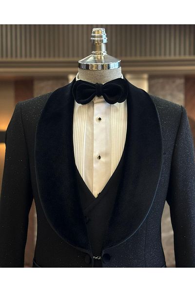 TerziAdemAltun Black Slim Fit Shawl Collar Jacket and Vest Pants Set - T12573