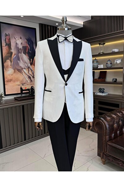 TerziAdemAltun İtalyan stil slim fit ceket yelek pantolon damatlık set beyaz ...