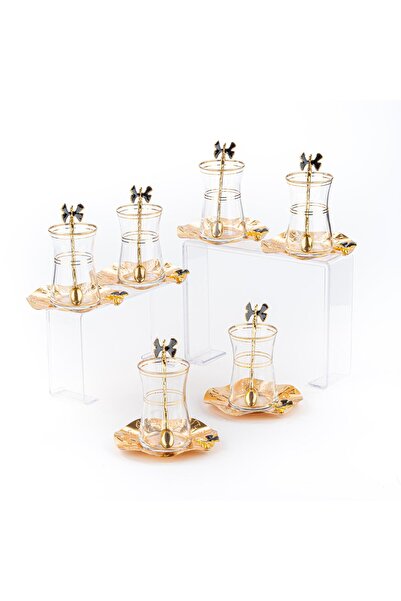 Saray Ottoman handicraft Çay Seti Çay Bardağı Takımı 6 Kişilik Kelebek Siyah