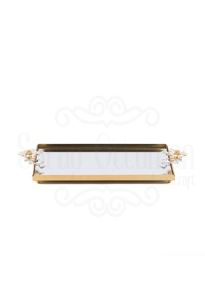 Saray Ottoman handicraft Gold Tray - Engagement Tray Mirrored White Daisy Medium Laser Tea Tray