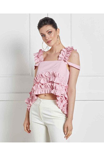 SERPİL Kat Kat Fırfırlı Kare Yaka Kısa Pudra Bluz 34179