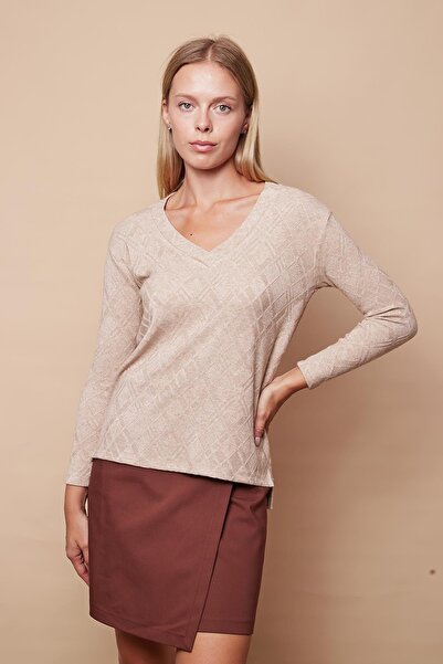 Jument V-Neck Patterned Knitwear Blouse - Side Slit, Off Shoulder, Long Sleeve, Beige