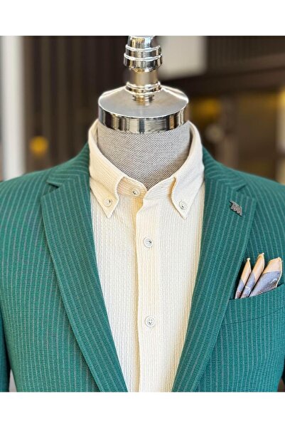 TerziAdemAltun Σετ παντελόνι με ριγέ παλτό Green Slim Fit με δεμένη μέση - T11792