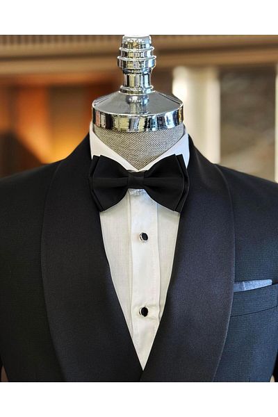 TerziAdemAltun Black Slim Fit Shawl Collar Double Breasted Jacket and Trousers Set - Groom Suit T11948