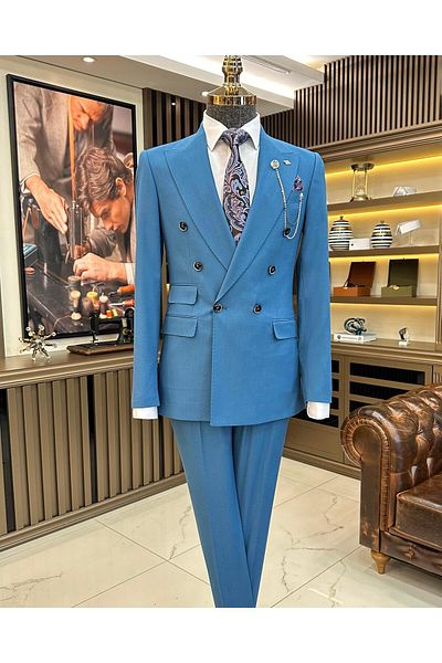 TerziAdemAltun Jachetă dublu piept stil italian pantaloni costum bărbați Albastru T11084