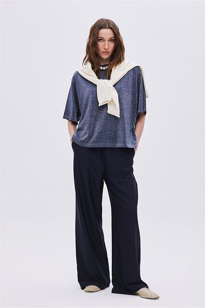 SHERIN Navy Blue Lace-Up Elastic Waist Trousers