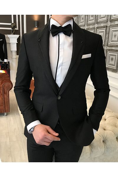TerziAdemAltun Italian Cut Jacket Vest Trousers Black Groom Suit Set T3747