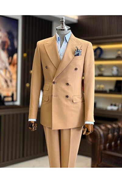 TerziAdemAltun طقم جاكيت وبنطلون مزدوج الصدر على الطراز الإيطالي من Camel Sli...