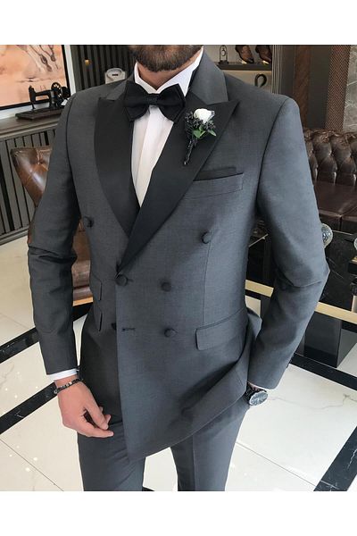 TerziAdemAltun Italian Cut Slim Fit Double Breasted Jacket Trousers Groom Suit Set Anthracite T9217