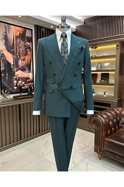 TerziAdemAltun Italian style double-breasted jacket pants men's suit green T1...