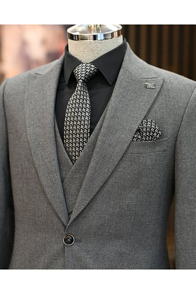 TerziAdemAltun Gray Italian Style Jacket and Vest Pleated Pants Set - T11326