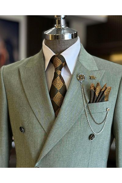 TerziAdemAltun Green Slim Fit Italian Style Men's Double Breasted Jacket and Pants Set - T12697