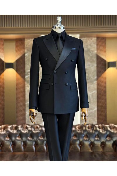 TerziAdemAltun Italian Cut Slim Fit Double Breasted Jacket Trousers Groom Suit Set Black T9213