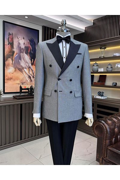 TerziAdemAltun Geometric Patterned Black Slim Fit Jacket and Pants Set - T11570