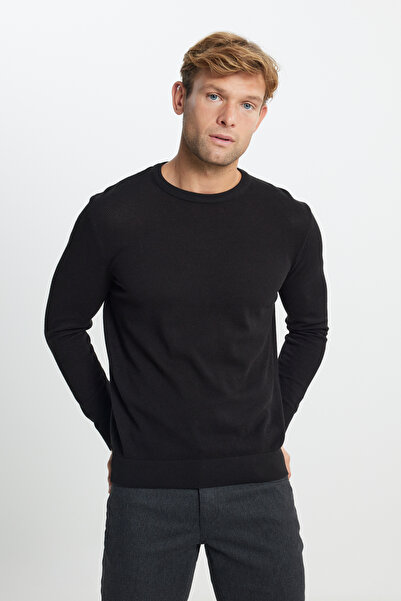 ALTINYILDIZ CLASSICS Erkek Siyah Pamuklu Standart Fit Normal Kesim Bisiklet Yaka Jakarlı Triko Kazak