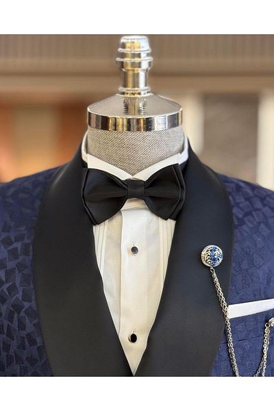 TerziAdemAltun Navy Blue Slim Fit Shawl Collar Double Breasted Jacket and Pants Set - T11796