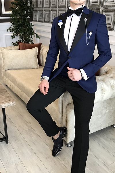 TerziAdemAltun Italian Cut Jacket Vest Trousers Navy Blue Dobby Groom Suit Set T3460