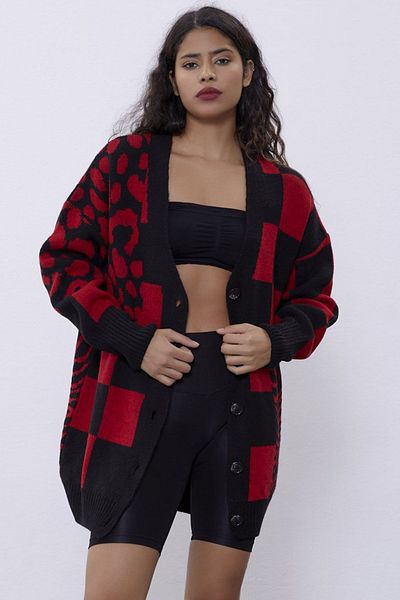 SHERIN Red Patterned Oversize Knitwear Cardigan