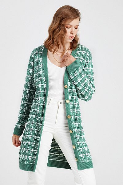 SHERIN Green Patterned Buttoned Cardigan