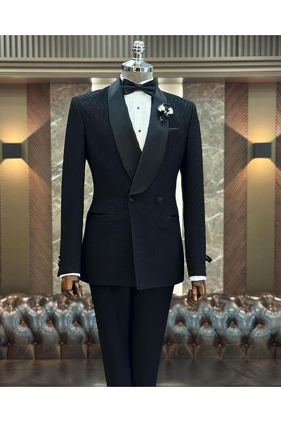 TerziAdemAltun Black Slim Fit Shawl Collar Double Breasted Jacket and Trousers Set - Groom Suit T12030