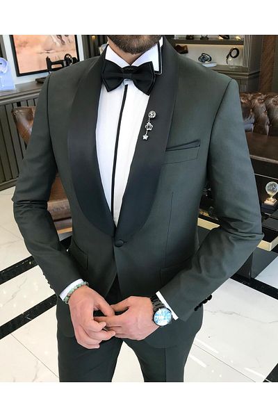 TerziAdemAltun Italian Cut Slim Fit Shawl Collar Jacket Pants Groom Suit Set Green T9181