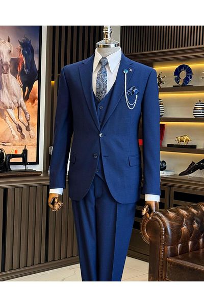 TerziAdemAltun Navy Blue Italian Style Slim Fit Vest and Trousers Set - 4 Drop Jacket T12107