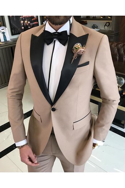 TerziAdemAltun Camel Color Italian Cut Slim Fit Jacket and Pants Set - Pointed Collar T9186