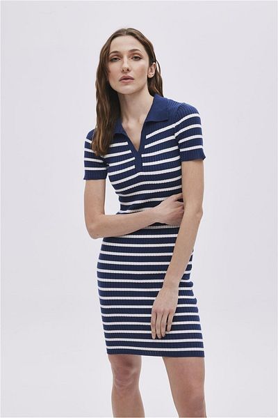 SHERIN Ριγέ πλεκτό φόρεμα Navy Blue Polo Neck