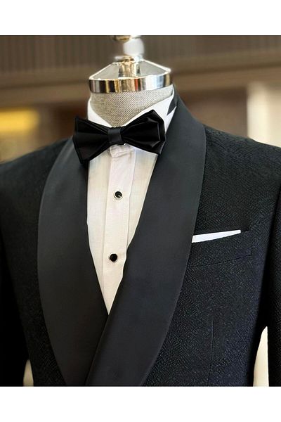 TerziAdemAltun Black Slim Fit Shawl Collar Double Breasted Jacket and Pants Set - T12024