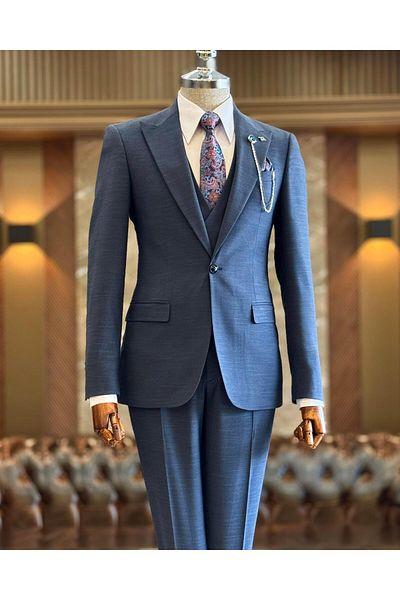 TerziAdemAltun Navy Blue Italian Style Jacket Vest Trousers Suit - T12846